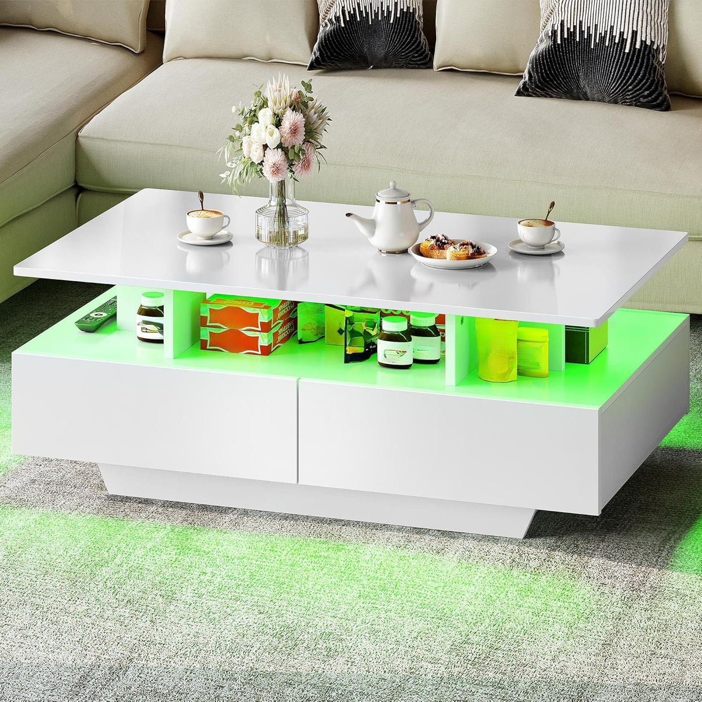 YITAHOME Couchtisch Weiß, Wohnzimmertisch Hochglanz Mit 16-Farbiger LED Beleuchtung Modern, Beistelltisch Weiss Mit Offenem Ausstellungsregal Und 4 Ausziehbaren Schubladen 90X55X41,1 Cm