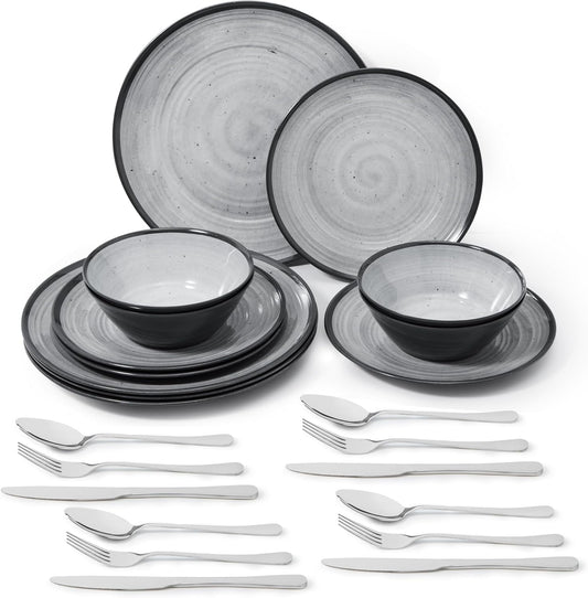 24PCS Melamin Geschirrset Für 4 Personen, Campinggeschirr Teller Set - Tafelservice Für Outdoor & Indoor