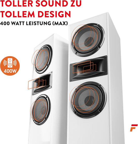 Fenton SHF700W - Hifi Lautsprecher Stereo Set Für Ihre Heimkino Hifi Anlage, 400 Watt Standlautsprecher Paar, Passive Lautsprecher Boxen Für TV, Stereo- Und Surround-Sound-Systeme - Weiß