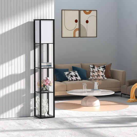 Stehlampe Mit Regal Aus Holz, Stehlampe Wohnzimmer Mit 3 Farbtemperatur, Stehleuchte 1.62M Mit Lampenschirm, Moderne Schwarz Standleuchte Mit 3 Holzregale Für Whonzimmer Schlafzimmer Büro