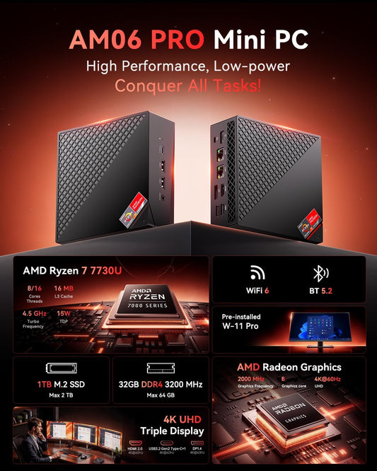 Nipogi AM06 PRO Mini PC АMD Ryzen 7 7730U(8C/16T, Bis Zu 4,5 Ghz), 32 GB DDR4 1024 GB M.2 SSD Mini Desktop Computer Wifi 6, 4K-Dreifachdisplay, Dual-Lan, DP/HDMI 2.0/Typ-C