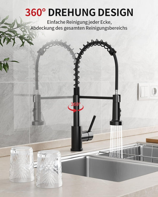 Rainsworth Wasserhahn Küche Schwarz Edelstahl - Zwei Wasserstrahlarten Hochdruck Herausziehbare Küchenarmatur Mit Brause Ausziehbar, Spültischarmatur 360° Drehung Geeignet Für Küchen
