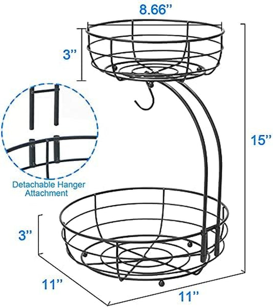 2 Stöckig Obstkorb Mit Bananenhalter, Stehend Täglicher Küche Moderne Obstschale, Praktischer Obstkörbe Gemüsekorb Aus Metall, Schwarz