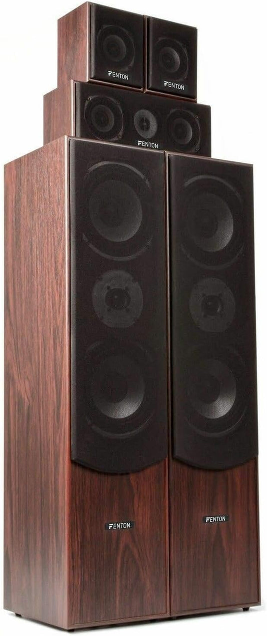 Fenton HF5W - Heimkino Musikanlage Für Audiosystem 1150 Watt - 5.0 Surround Sound System, 5-Teiliges Home Entertainment System, Heimkino Soundsystem, Für Zuhause, Wohnzimmer - Nussbraun
