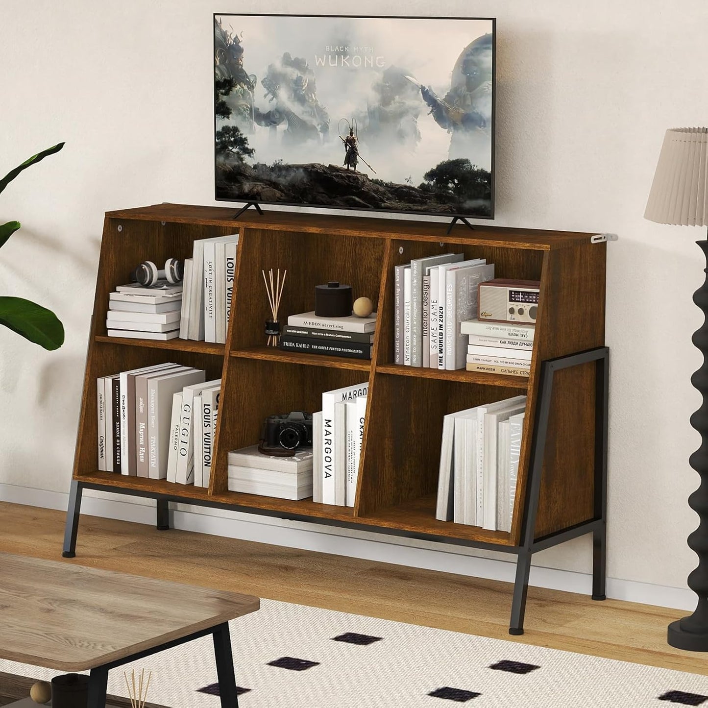 YOSHOOT Bücherregal, Offenes Bücherregal Aus Holz Mit Metallbeinen, Würfelförmiges Lagerregal Mit 2 Ebenen, Vitrine Mit 6 Offenen Fächern Für Wohnzimmer, Büro, 117X36.5X78.5 Cm (Rustikales Braun)