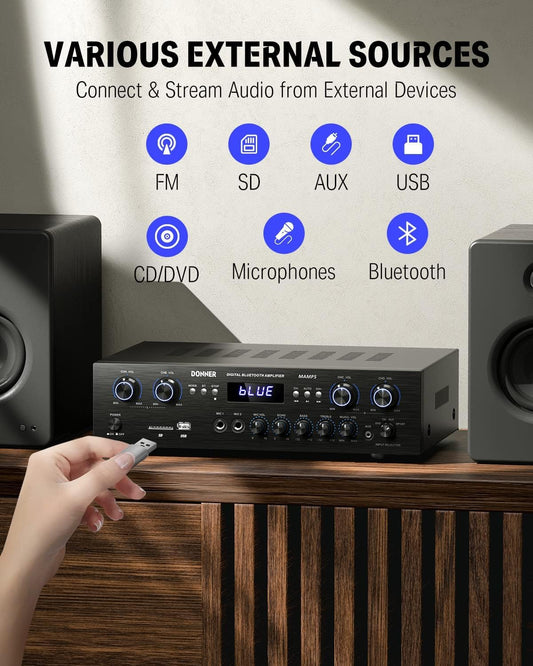 Audio Leistungsverstärker Bluetooth 5.0, Donner 440W Audio Verstärker 4 Kanal, Stereo Receiver Mit USB, SD, FM, 2 Mikrofoneingang Echo, RCA, LED, Für Studio, Heimkino, MAMP5