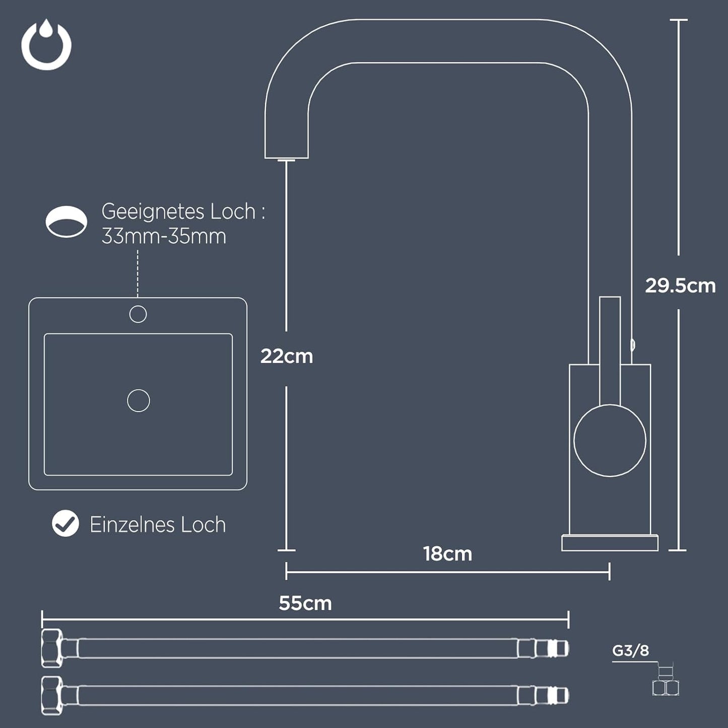FORIOUS Wasserhahn Küche, Küchenarmatur Mit 360°Drehbar, L Förmige Mischbatterie Küche Spülenarmatur Mit Einhebel Für 1 Loch, Geeignet Für Den Einsatz in Familienküchen, Wohnmobilen, Edelstahl