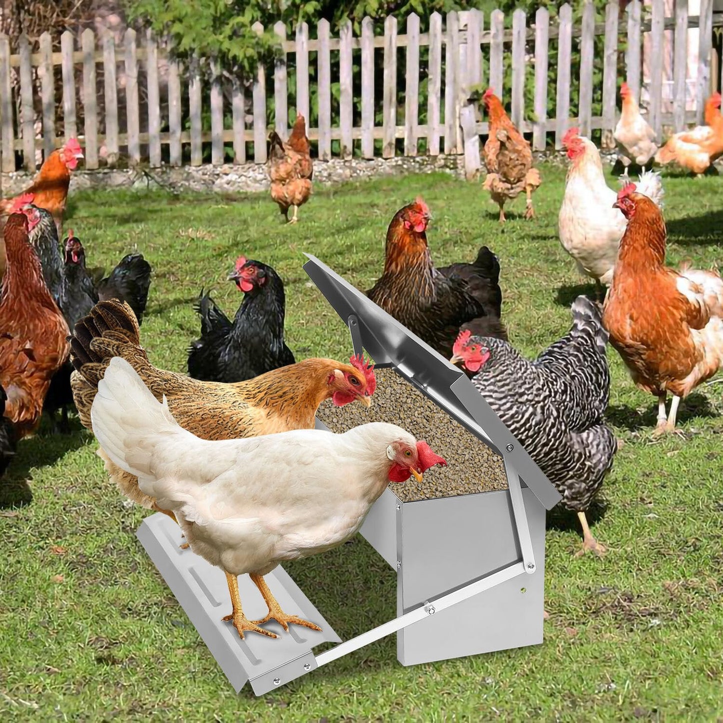Futterautomat, Futtertrog Mit Automatisches Pedal Und Wasserfest Decke, Hühnerfutter Für Geflügel,3X Hühnerfutterautomat, 5KG Automatischer Futterautomat Mit Mäuseschutz, Verzinkt