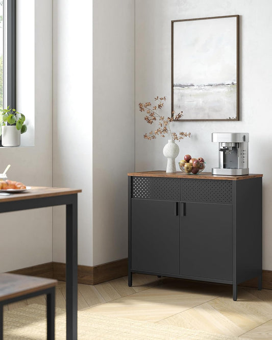 SONGMICS Aufbewahrungsschrank, Metallschrank, Mit Doppeltür, Magnetverschluss, Verstellbarer Einlegeboden, Stahlgestell, 40 X 80 X 76 Cm, Vintagebraun-Schwarz LSC102B01