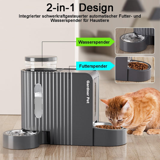 Gardner Pet Automatischer Futterspender Für Katzen/Hunde 2 Näpfe(3L*2), Futterautomat Katze Und Wasserspender Hund Mit Edelstahlschüssel, Ohne Strom, BPA Frei, Gravitation Katzenfutter Automat (Grau)