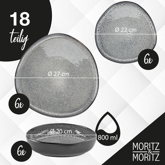 Moritz & Moritz ORGANIC 18-Teiliges Geschirrset 6 Personen Grau - Elegantes Teller Set Aus Hochwertigem Steinzeug - Geschirr Set 6 Personen Aus 6X Dinnerteller, 6X Dessertteller, 6X Suppenteller