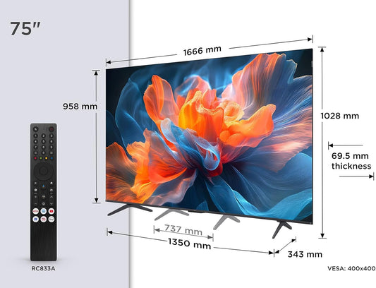 TCL 75T8C 75 Zoll QLED 4K HDR UHD Fernseher, Smart Google TV Dolby Vision Atmos,144Hz Motion Clarity Pro, Game Bar, ALLM, Freesync, Onkyo 2.1 Sound,Sprachsteuerung, Kompatibel Mit Google Assistant