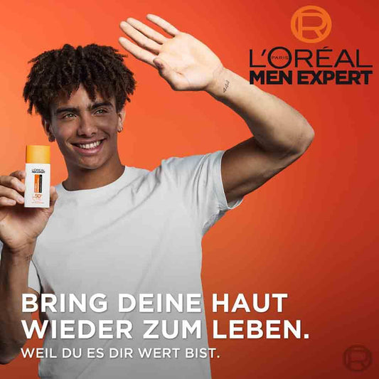 L'Oréal Men Expert UV Sonnenschutz LSF 50 Für Männer, Invisible Fluid Für Das Gesicht Gegen Sonnenstrahlen, Herren Sonnencreme SPF 50+ Gegen Hautalterung Mit Vitamin C, Hydra Energy, 1 X 50 Ml