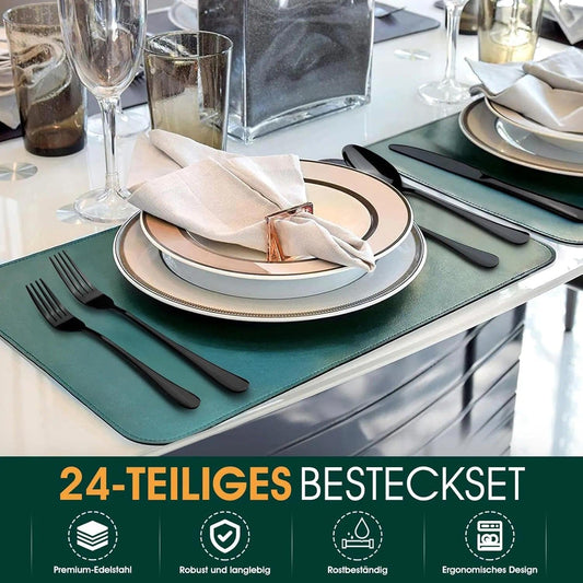 TAN REN Besteck Set Schwarz 4 Personen, 24-Teiliges Edelstahl Besteckset Mit Steakmesser, Elegantes Essbesteck Mit Messer Gabel Löffel, Tafelbesteck Für Küche/Restaurant