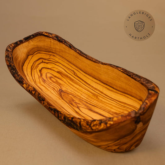 Das Olivenholzbrett® / Typisch Schmal Geschnittene Baguetteschale Olivenholz/Brotschale Aus Holz, Naturbelassener Rand, 25 Cm