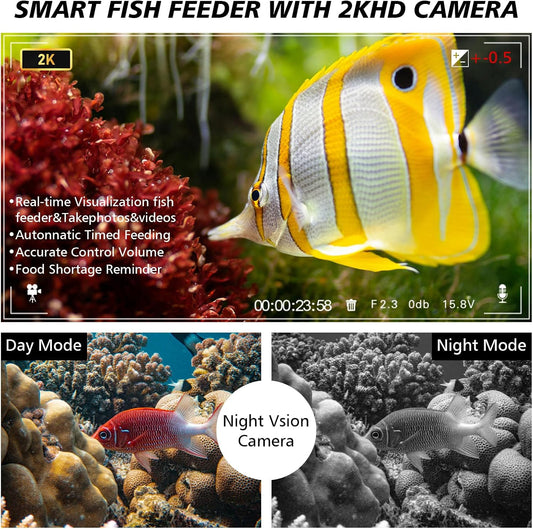 Smart Futterautomat Aquarium Automat Fische Futterspender Mit 2.5K Kamera, App-Steuerung Über Wifi/Wlan Große, 230ML Groß Kapazität Fischfutter Feeder, Feuchtigkeitsbeständiger Urlaubsfutterspender