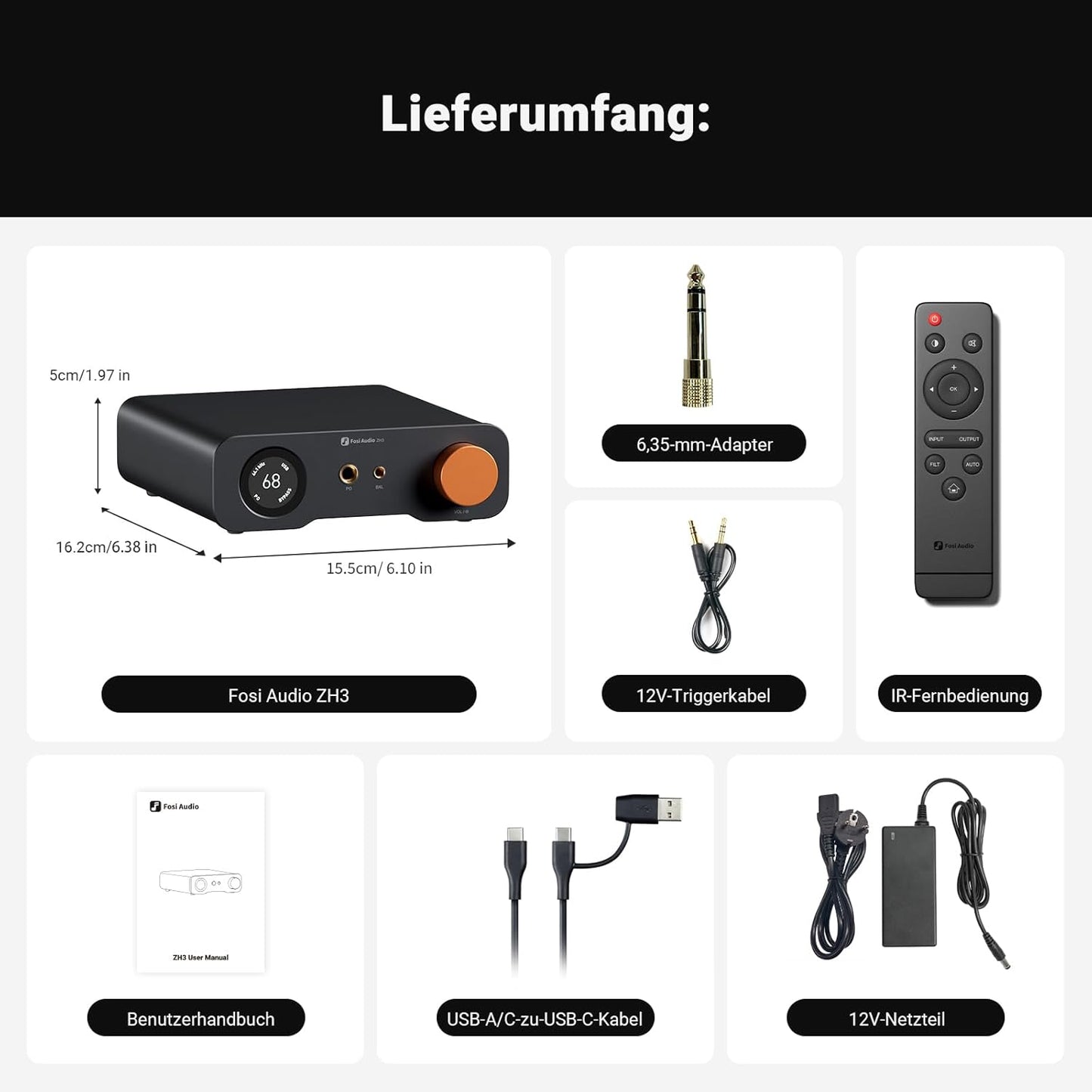 Fosi Audio ZH3 Full Balanced Hifi Vorverstärker, DAC Kopfhörerverstärker Mit AKM4493SEQ XMOS XU316 PCM 768Khz Für Verstärker, Usb/Optical/Coax/Rca/12V Trigger Eingang, Xlr/Rca/4.4Mm/6.35Mm Ausgang