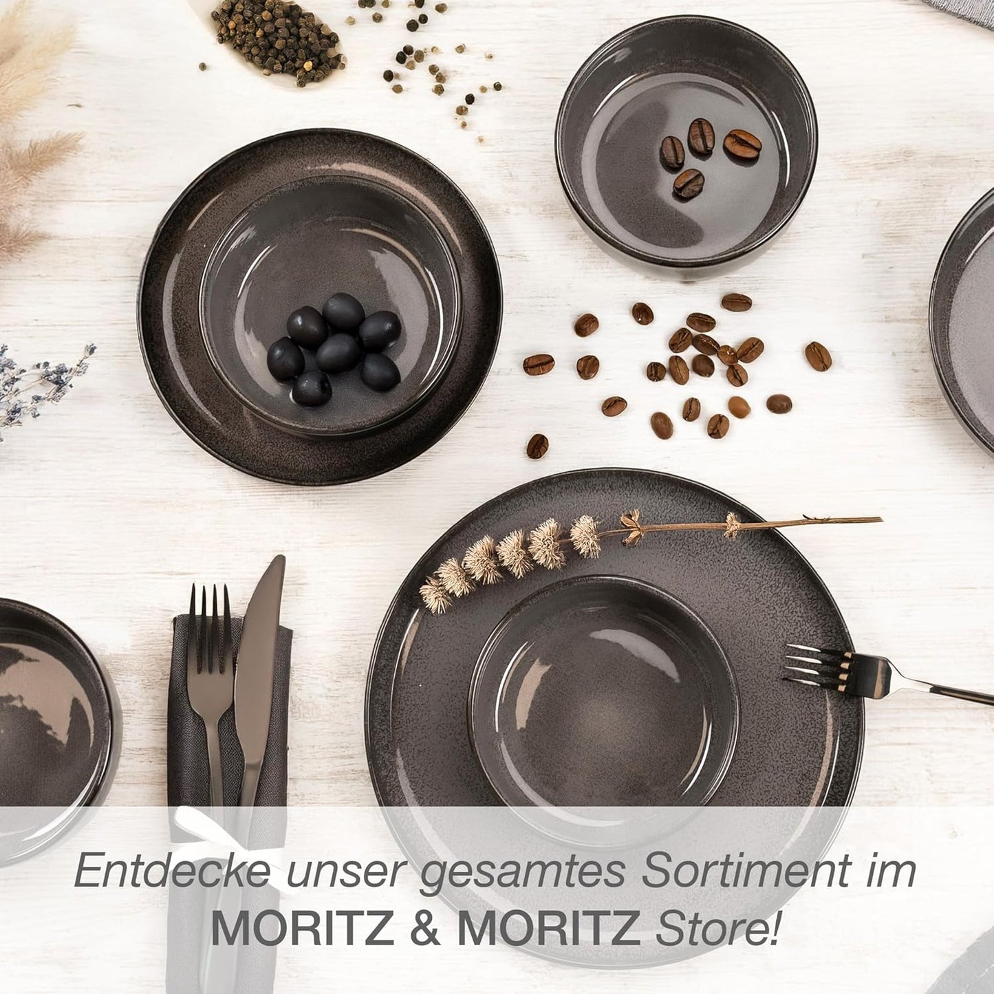 Moritz & Moritz VIDA Geschirrset 6 Personen Anthrazit 18-Tlg. - Modernes Porzellan Geschirr Set - Kratz-, Mikrowellen- & Spülmaschinenfest, Essgeschirr, Tafelservice, Kombiservice 6 Personen