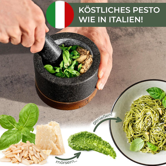 WALDWERK Mörser Mit Stößel (12Cm Durchmesser) - Mörser Auf Edler Und Stabiler Akazienholzbasis - Mörser Mit Stößel Aus Natürlichem Granit