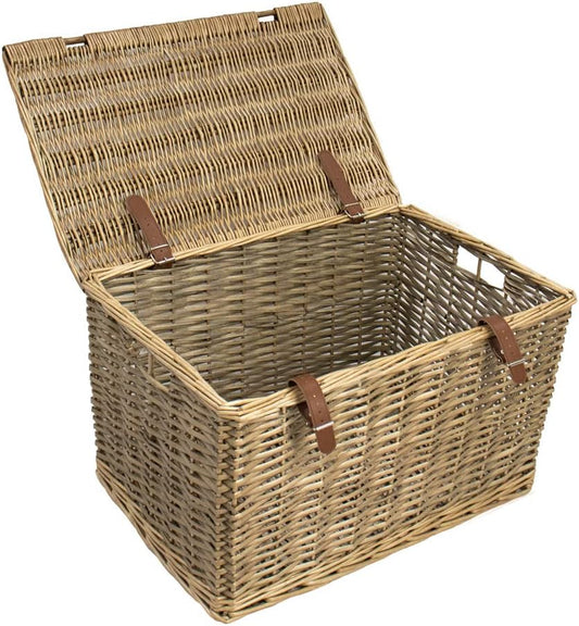 Handgefertigter Weidenkorb Mit Kunstlederriemen, Groß, Braun