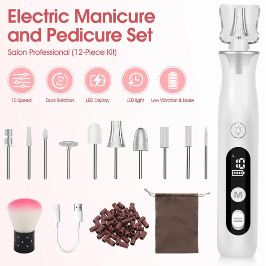 Maniküre/Pedikure Set Elektrisch, Nagelfelile, Nagelfraser Und Hornhautentfemer Mit 10 Aufsatze Zur Nagelpflege, Mit 10 Geschwindigkeiten, LED Licht, Aufbewahrungstasche