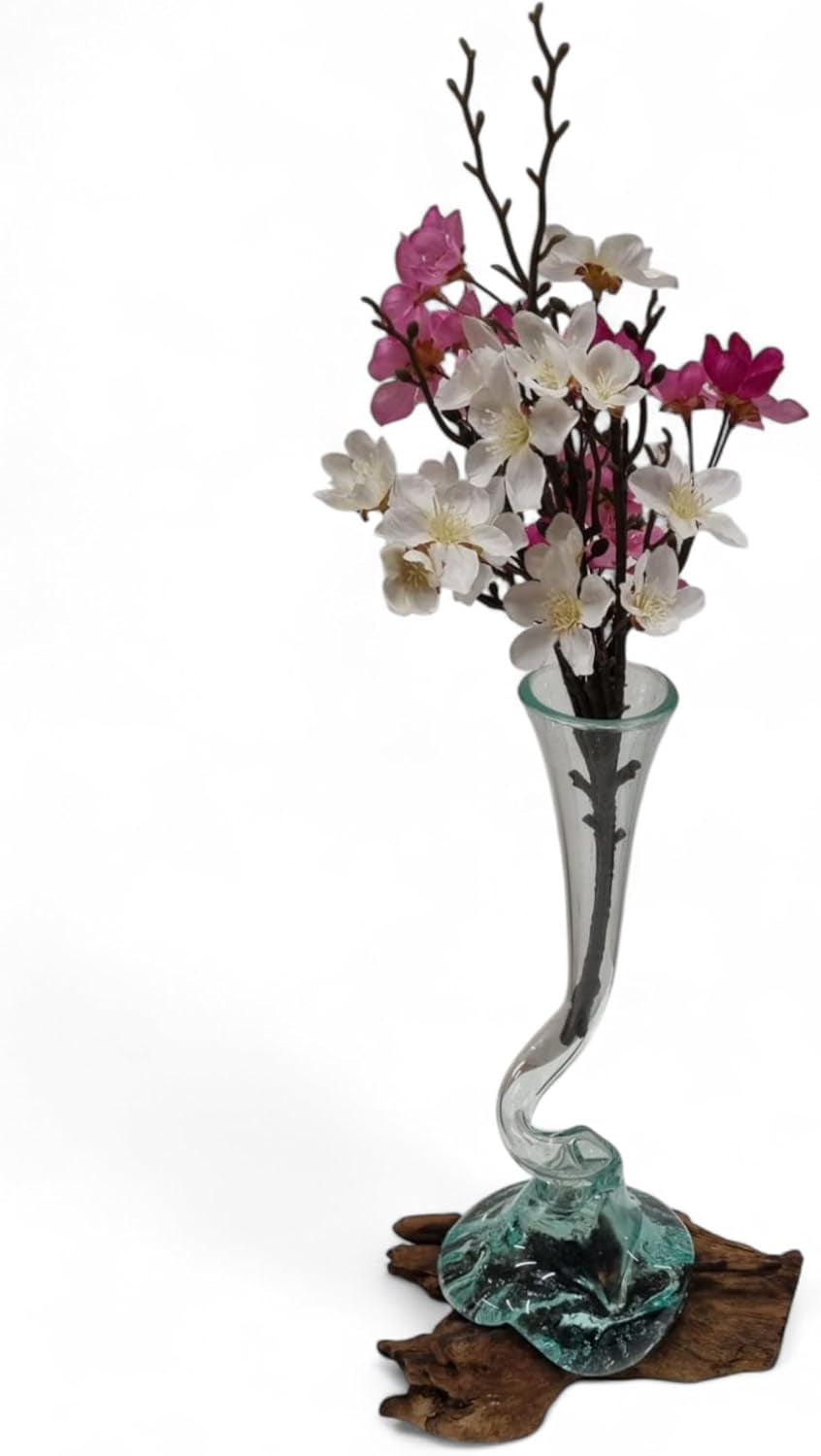 Handgefertigte Vase Aus Geschmolzenem Glas Auf Holz – Recyclingglas Auf Wurzelholz, Nachhaltige Deko Aus Bali, Ca. 30-40 Cm Hoch