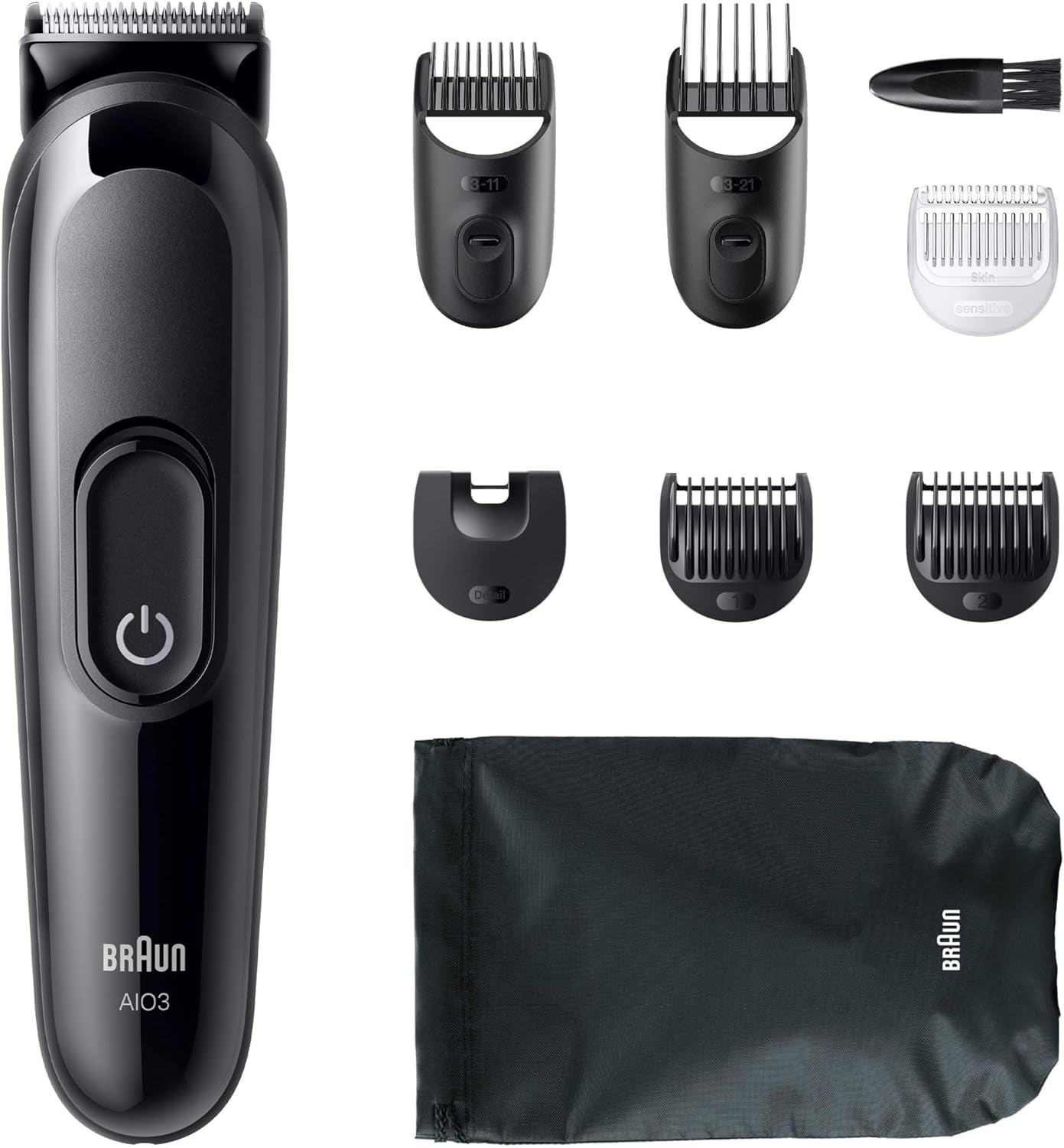 Braun All-In-One Series 3, 8-In-1 Multigroom, Barttrimmer, Nasenhaartrimmer, Haarschneider, Haarschneidemaschine Für Gesicht Und Kopf, 50 Min Akku, 14 Längen (3–21 Mm), Wasserdicht, AIO3545, Schwarz