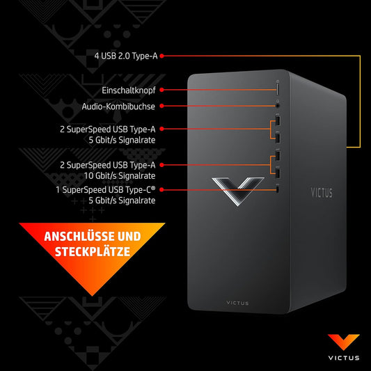 HP Victus Gaming PC, Intel® Core™ I5-14400F, 16 GB DDR4 RAM, 512 GB SSD, NVIDIA Geforce RTX 4060, Windows 11 Home, Schwarz