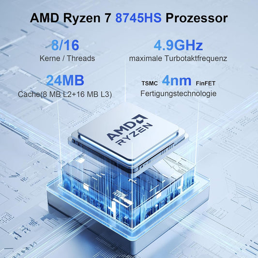 AWOW Mini Gaming PC Win-11 Pro Mit AMD Ryzen 7 8745HS (8 Kerne, Bis 4,9 Ghz), 32 GB Dual DDR5, 1TB Pcie 4.0 SSD, Radeon 780M Grafik, 4K Triple Display, Leiser Betrieb, Wifi 6, BT 5.2, 2.5G LAN