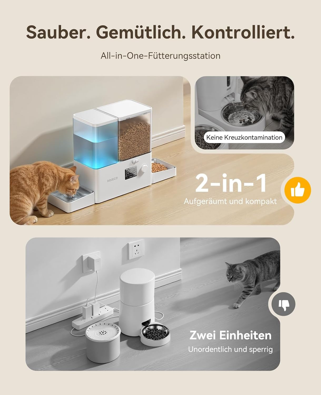 Rojeco 2-In-1 Futterautomat Und Wasserspender, 5L Trockenfutter Automat Für Katzen Mit 3.5L Wassertank, Programmierbarer Futterspender Katze Mit Led-Display, Für Kleine Und Mittelgroße Haustiere