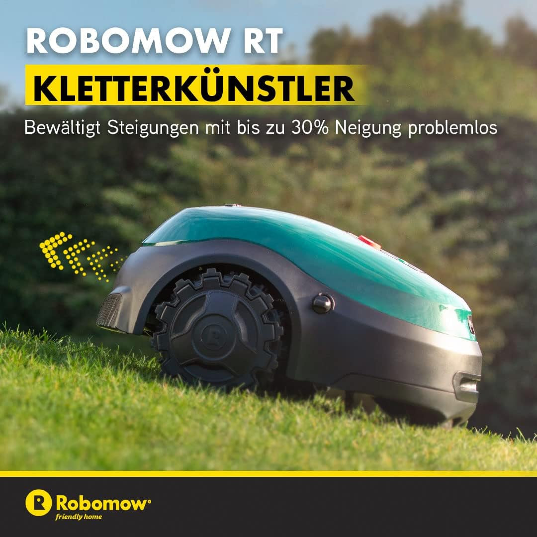 ROBOMOW RT300 Robotermäher/Rasenroboter Für Flächen Bis 300 Qm | 4,3 Ah; 18Cm Schnittbreite; Einfache Installation, Selbstreinigend Und Inkl. Schwimmendem Mähdeck, Mulchreiniger