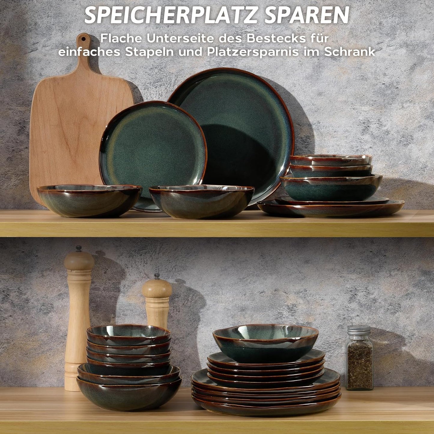 Geschirrset 6 Personen, 24-Tlg Steinzeug Tafelservice Set, Unregelmäßig Rund Geschirr Set Mit Speiseteller, Dessertteller, Müslischalen, Mikrowellen- & Spülmaschinenfest, Reaktives Tundra Grün