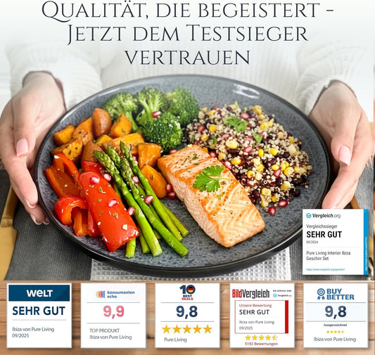 Steingut Geschirrset 6 Personen Ibiza 24 Tlg. TESTSIEGER, Traumhaftes Mediterranes Steingut Geschirr Set, Schüssel- Und Teller Set, Tafelservice 6 Personen, Geschirrsets Pure Living in Grau