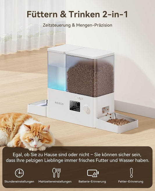 Rojeco 2-In-1 Futterautomat Und Wasserspender, 5L Trockenfutter Automat Für Katzen Mit 3.5L Wassertank, Programmierbarer Futterspender Katze Mit Led-Display, Für Kleine Und Mittelgroße Haustiere