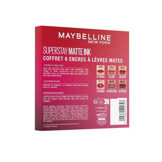 Maybelline New York - Set Mit 6 Flüssigen Lippenstiften, Langanhaltend, Superstay Matte Ink – Farben: Lover (15)/Seductress (65)/Artist (120)/Dancer (118)/Pioneer (20)/Voyager (50), 6 Stück(1Er Pack)