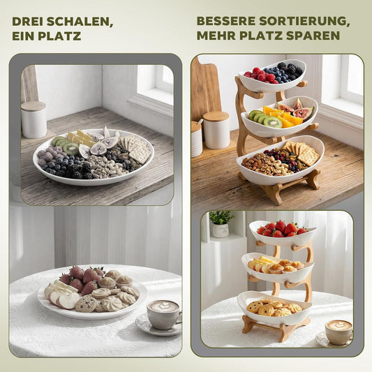 Obstständer 3-Stöckig Aus Bambus, Mehrstöckiger Obstkübel Mit Schalen, Küchenorganizer Für Obst Und Snacks, Deko-Etagere Aus Bambus