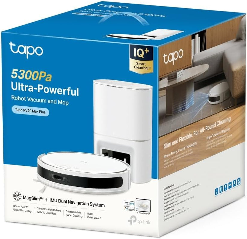 Tapo RV20 Max plus Saugroboter Mit Wischfunktion Und Automatischer Absaugstation, 5300Pa Ultra-Starke Saugkraft, 83 Mm Ultra-Schlank, Kompatibel Mit Alexa & Google Assistant Sprachsteuerung, Weiß