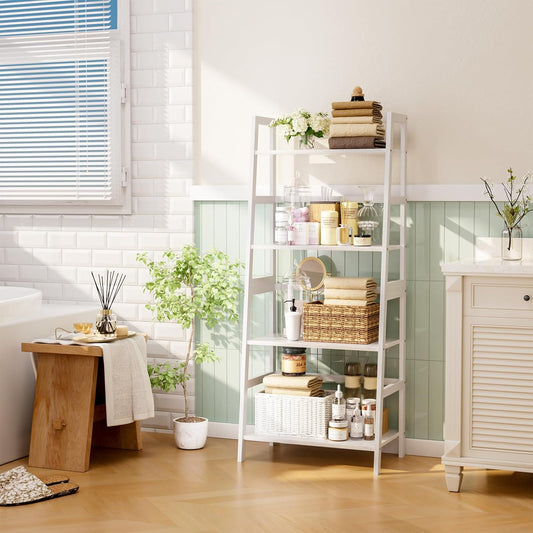 HITNET Leiterregal Weiß, Bücherregal Mit 4 Ebenen, Freistehendes Standregal Offenes Badezimmer Regal Stehend Für Bad Küche Wohnzimmer, Platzsparend