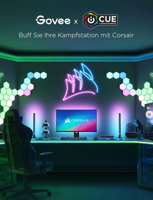Govee LED Sechseck Hexagon Panel Gaming,10 RGBIC Smart Wandleuchte Funktioniert Mit Alexa, Google Assistant, Kreative Dekorative Wi-Fi, Musik Sync Für Gaming Beleuchtung & Zimmer Deko