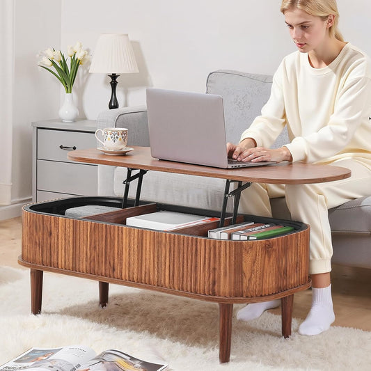 VEVOR Lift Top Couchtisch 100 Cm, Rustikaler Kaffeetisch Mit Verstecktem Staufach, Ovaler Hubtischplatte Für Wohnzimmer Büro Zuhause, Wohnzimmertisch Sofatisch Walnuss Mittelalterlicher Stil