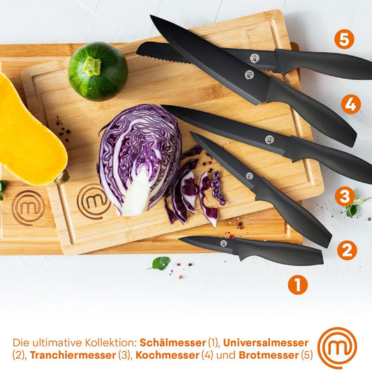 Masterchef Messerblock Mit Messer, Messerset Mit Block, Scharfe Messer Set Mit Küchenmesser, Kochmesser, Brotmesser, Schälmesser & Allzweckmesser, Edelstahlklingen, Softgriff, 6-Teilig, Schwarz