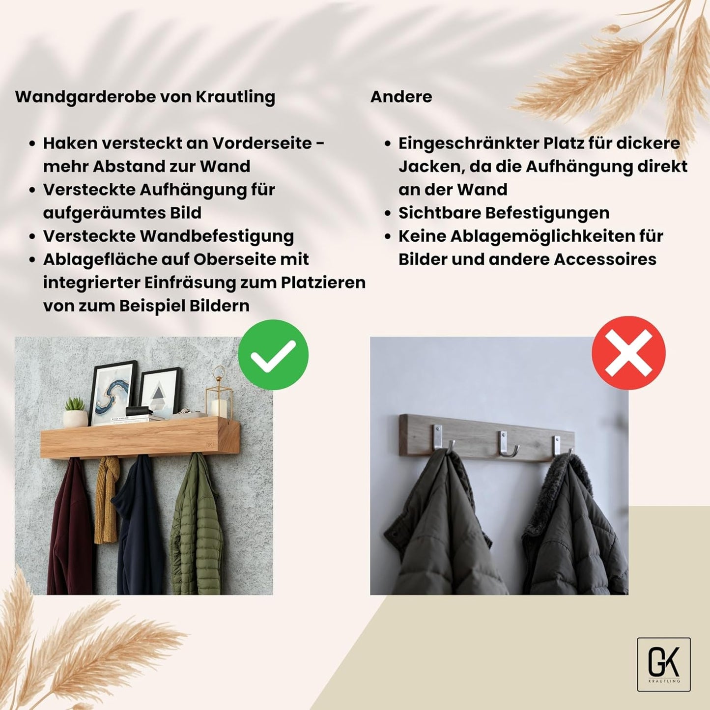 Design Wandgarderobe Aus Holz – Versteckte Haken & Ablage – Minimalistisches Regal Aus Eiche Für Flur, Wohnzimmer Oder Büro (Modern, 5 Haken)