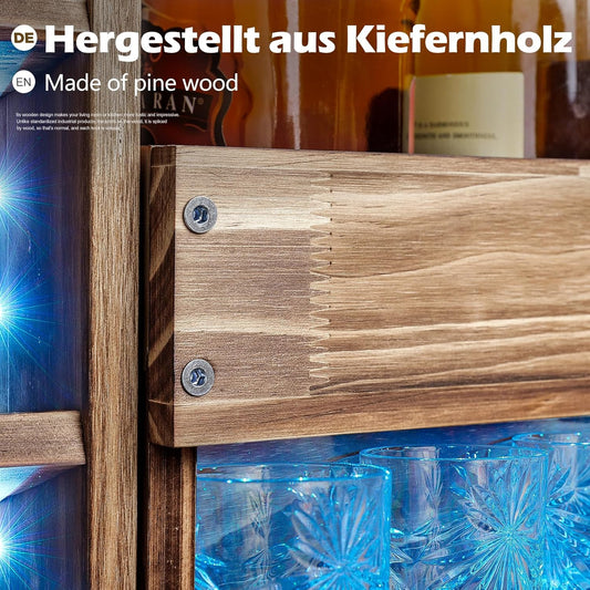 Yorbay Weinregal Mit Led-Licht Palette Beflammt Holz, Wandbar Mit Korkhalter, Für Weingläser, Whiskygläser, Flaschenhalter Hausbar, Vintage, Geschenk