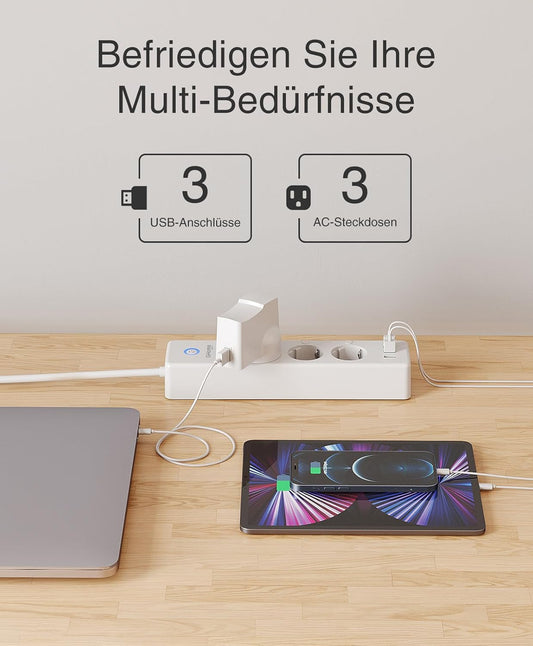 Ghome Smart WLAN Steckdosenleiste Mit 3 Ac-Steckdose Und 3 Usb,Separat Gesteuert Schalter Mit Mehrfachsteckdose,Stromverbrauch Messen,App-Steuerung,Kompatibel Mit Alexa,Google Home,Nur 2,4Ghz,16A,1.5M