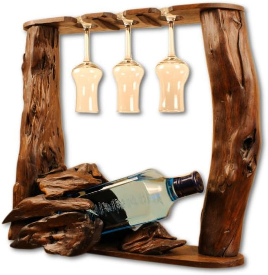 Kinaree Wurzelholz Flaschenhalter - Flaschenständer Für 1 Flasche Und 3 Gläser, Für Wein, Likör Oder Schnäpse - Geschenkidee Für Geburtstag, Weihnachten Oder Hochzeit