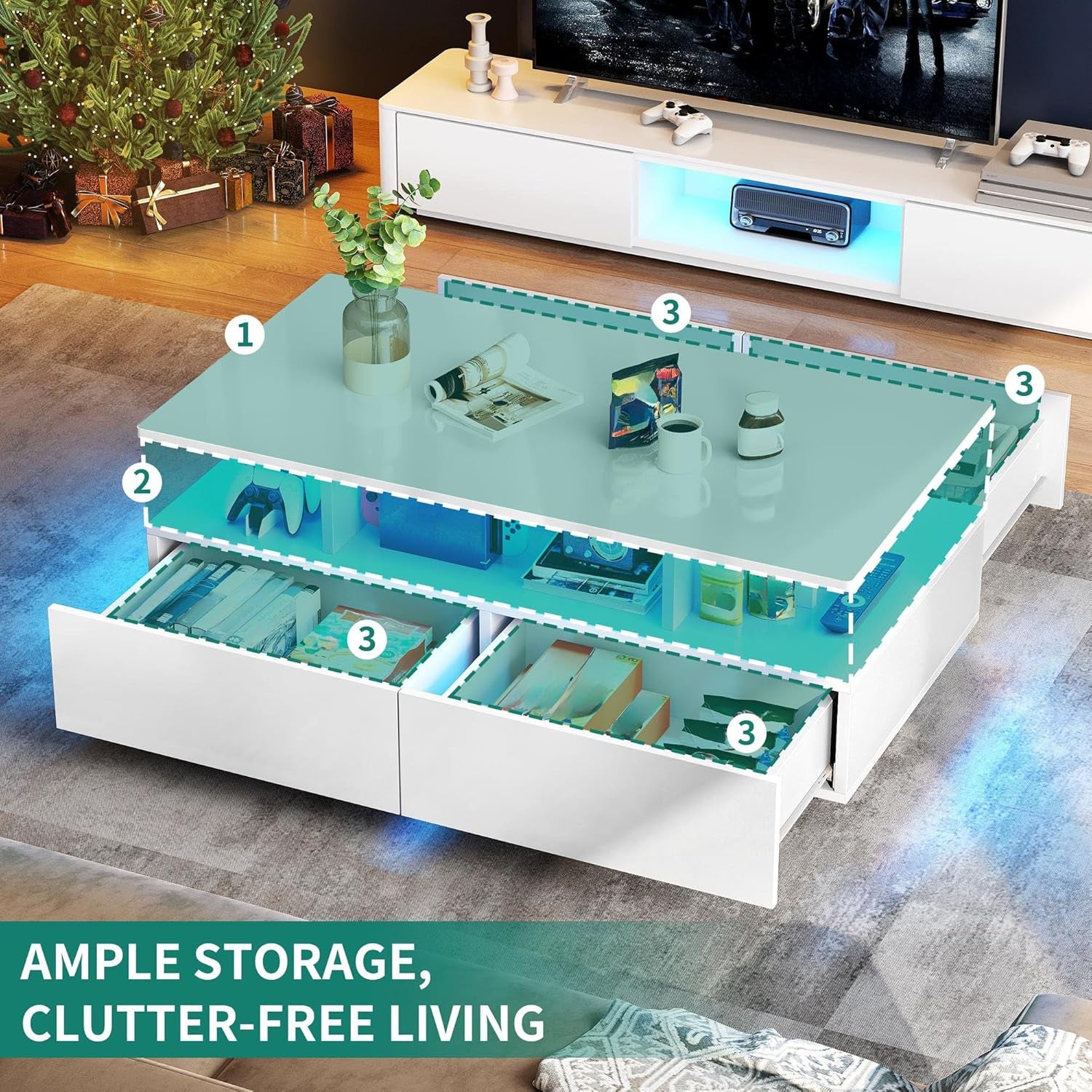 YITAHOME Couchtisch Weiß, Wohnzimmertisch Hochglanz Mit 16-Farbiger LED Beleuchtung Modern, Beistelltisch Weiss Mit Offenem Ausstellungsregal Und 4 Ausziehbaren Schubladen 90X55X41,1 Cm