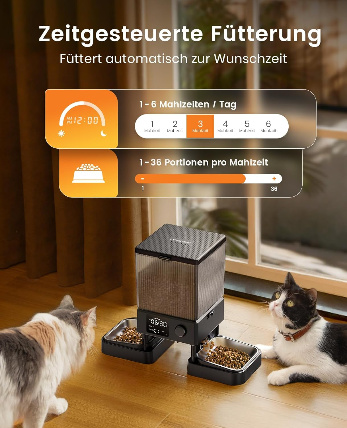 Oneisall 5L Futterautomat Katze 2 Näpfe, Katzenfutter Automat Mit Einem Knopf, Einfache Bedienung, Futterspender Für Katzen/Hunde, Mit Edelstahlschüssel, Voice Recorder, Für Kleine/Mittlere Haustiere