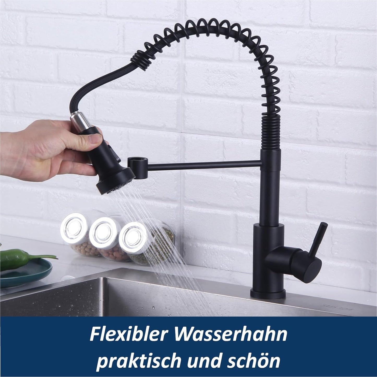 Wasserhahn Küche Schwarz, Hochdruck Küchenarmatur Mit Brause Ausziehbar, Hoher Bogen Mischbatterie Küche 360°Drehbar 2 Sprühfunktionen, Spiralfeder Spültischarmatur Edelstahl, Mattschwarz