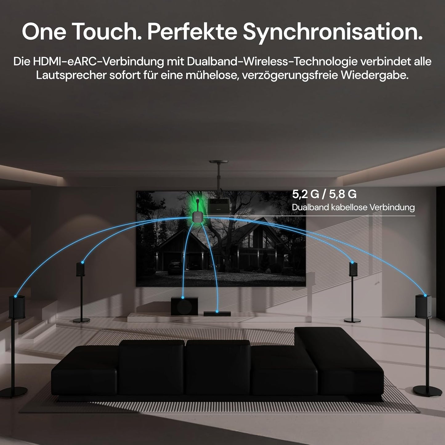 Thunderbeat 4.1.2 – Kabelloses Dolby-Atmos Surround-System Mit Subwoofer, 720 W Leistung, 4 Wireless-Rear-Lautsprecher, 360°-Dome-Sound, <30 Ms Latenz – Heimkino-Sound Für Projektoren