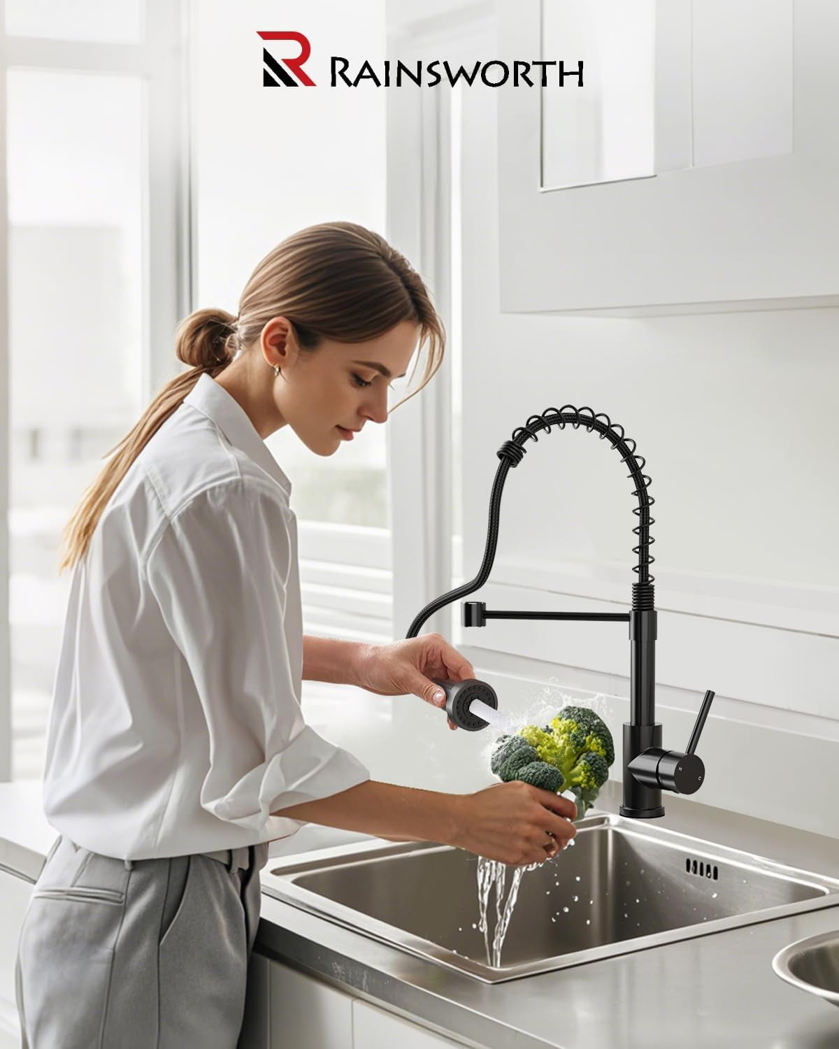 Rainsworth Wasserhahn Küche Schwarz Edelstahl - Zwei Wasserstrahlarten Hochdruck Herausziehbare Küchenarmatur Mit Brause Ausziehbar, Spültischarmatur 360° Drehung Geeignet Für Küchen
